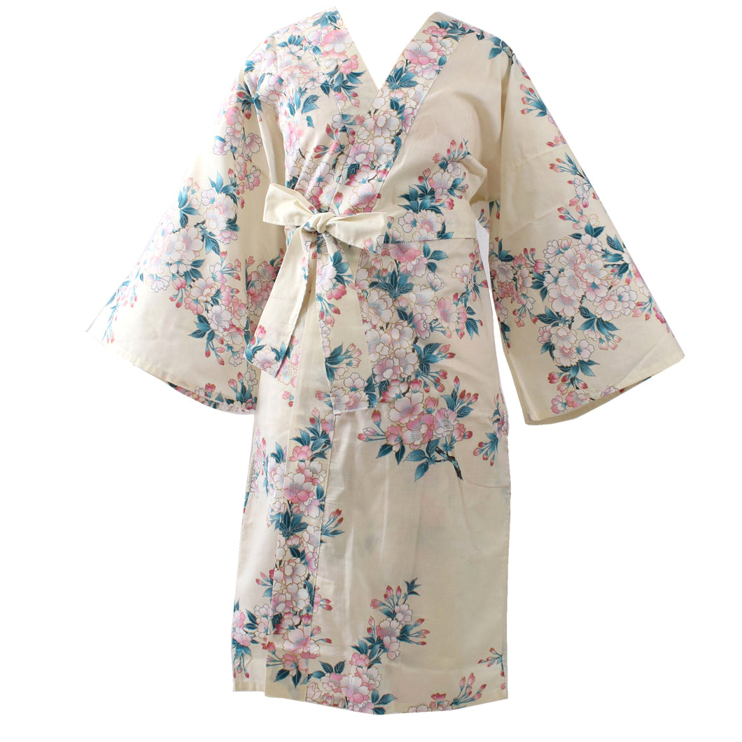 Women's Happi Coat: Kimono Robe - Cherry Blossom White