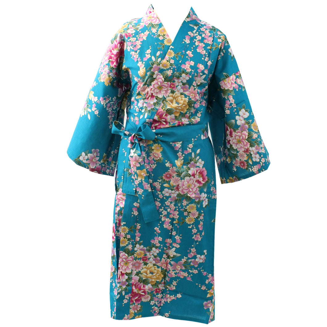 Women's Happi Coat: Kimono Robe - Peony & Orchis Turquois