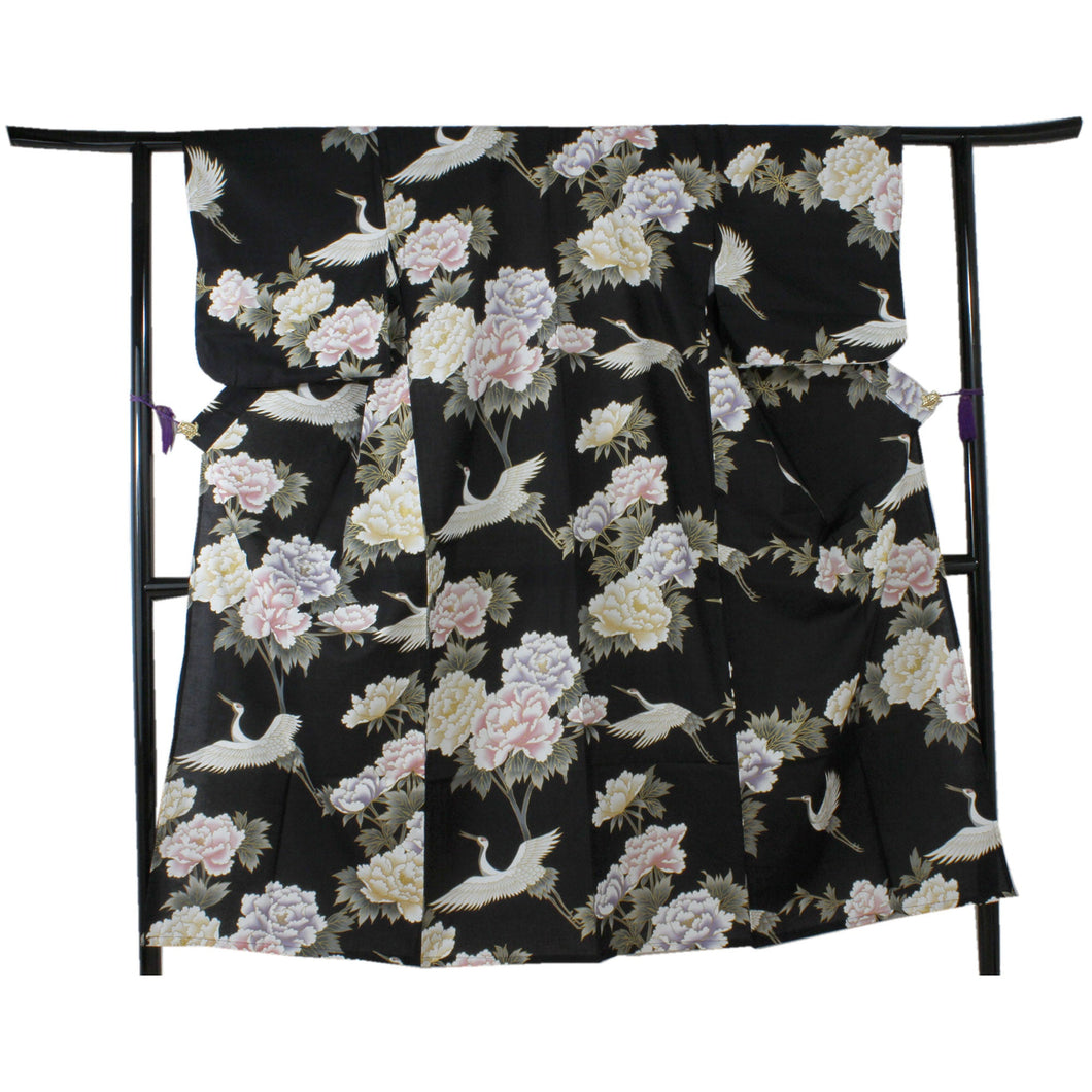 Women's Yukata Robe Japanese Summer Kimono - Peony & Crane Black