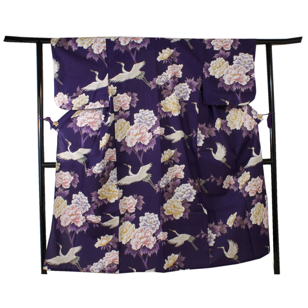 Women's Yukata Robe Japanese Summer Kimono - Peony & Crane Purple
