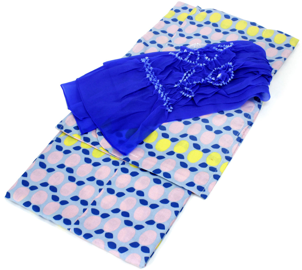 Girls' Yukata Heko-obi 2 items sets :Japanese Traditional Clothes  - Citron Blue Scandinavian Design