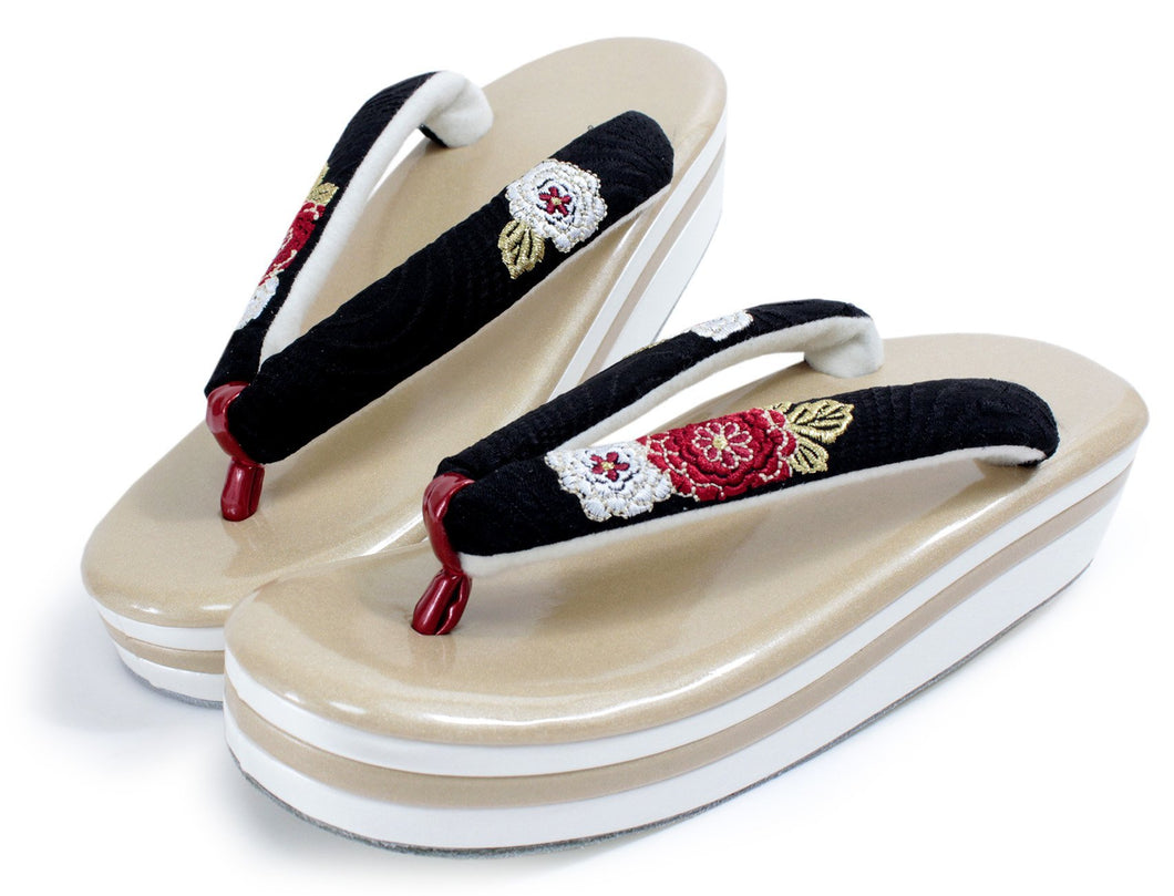Women's Zori (Japanese Sandals) for Japanese Traditional Kimono : Formal 5 layers 3 layers - Gold White heels x Black hanao