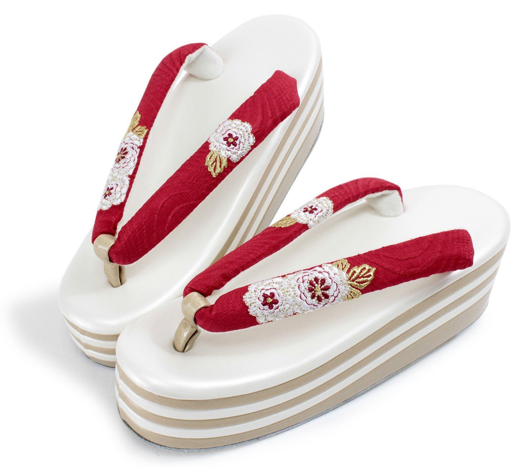 Women's Zori (Japanese Sandals) for Japanese Traditional Kimono : Formal 5 layers 3 layers - Gold White heels x Red hanao