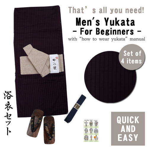 Men's Easy Yukata Coordinate Set of 4 Items For Beginners :Dark Purple/Black Stripe