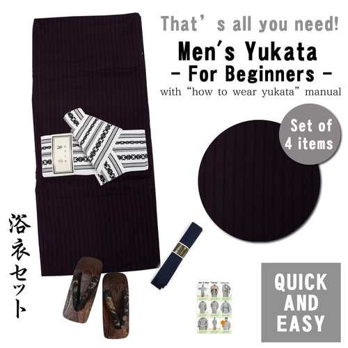 Men's Easy Yukata Coordinate Set of 4 Items For Beginners : Purple/Black Stripe