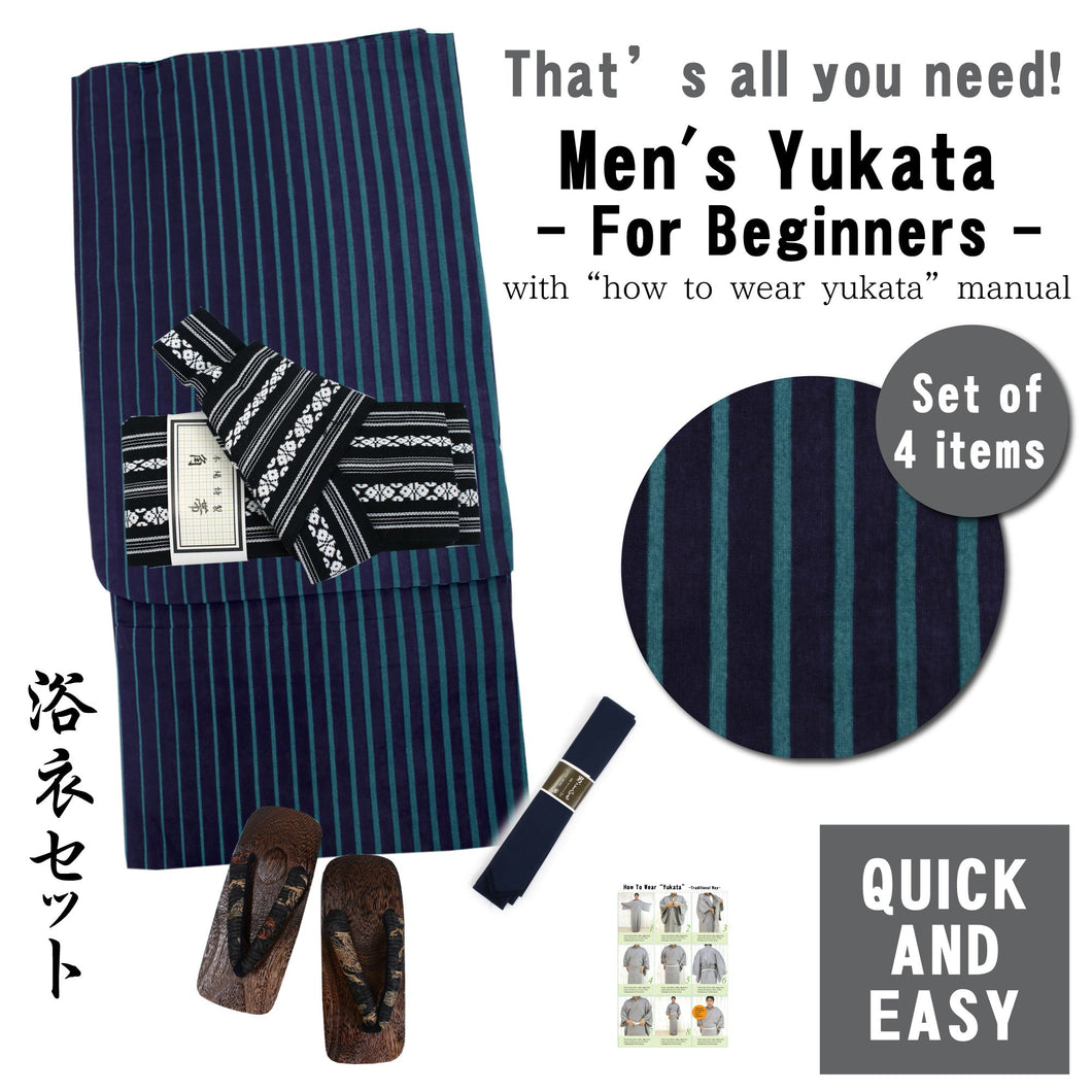 Men's Easy Yukata Coordinate Set of 4 Items For Beginners :Navy/Dark Green Stripe