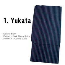 Load image into Gallery viewer, Men&#39;s Easy Yukata Coordinate Set of 4 Items For Beginners :Navy/Dark Green Stripe
