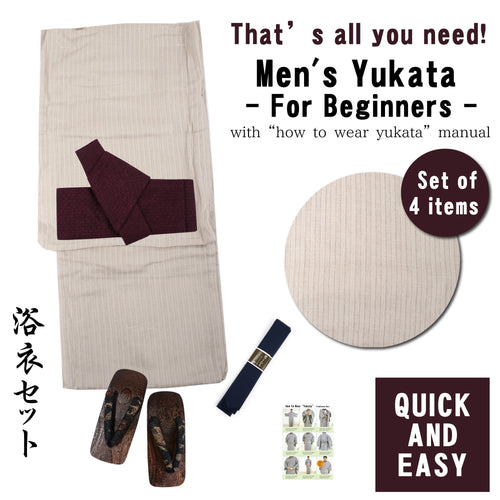 Men's Easy Yukata Coordinate Set of 4 Items For Beginners :Off White/Stripe