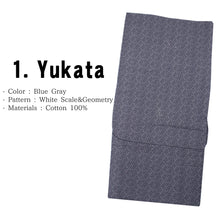 画像をギャラリービューアに読み込む, Men&#39;s Easy Yukata Coordinate Set of 4 Items For Beginners :Blue Gray/White Scale&amp;Geometry
