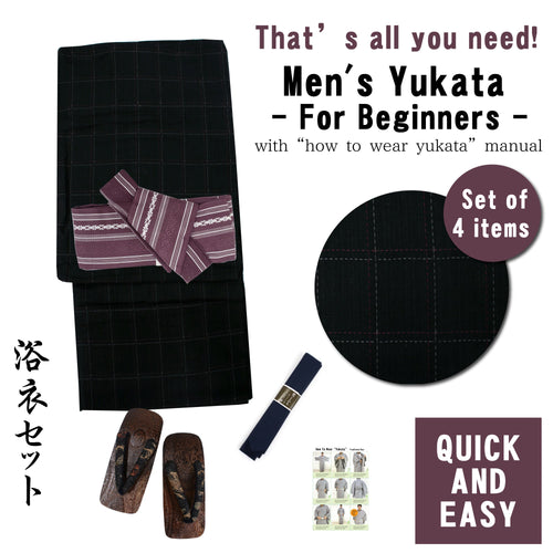 Men's Easy Yukata Coordinate Set of 4 Items For Beginners :Black/ Dotted Line Red Stripe