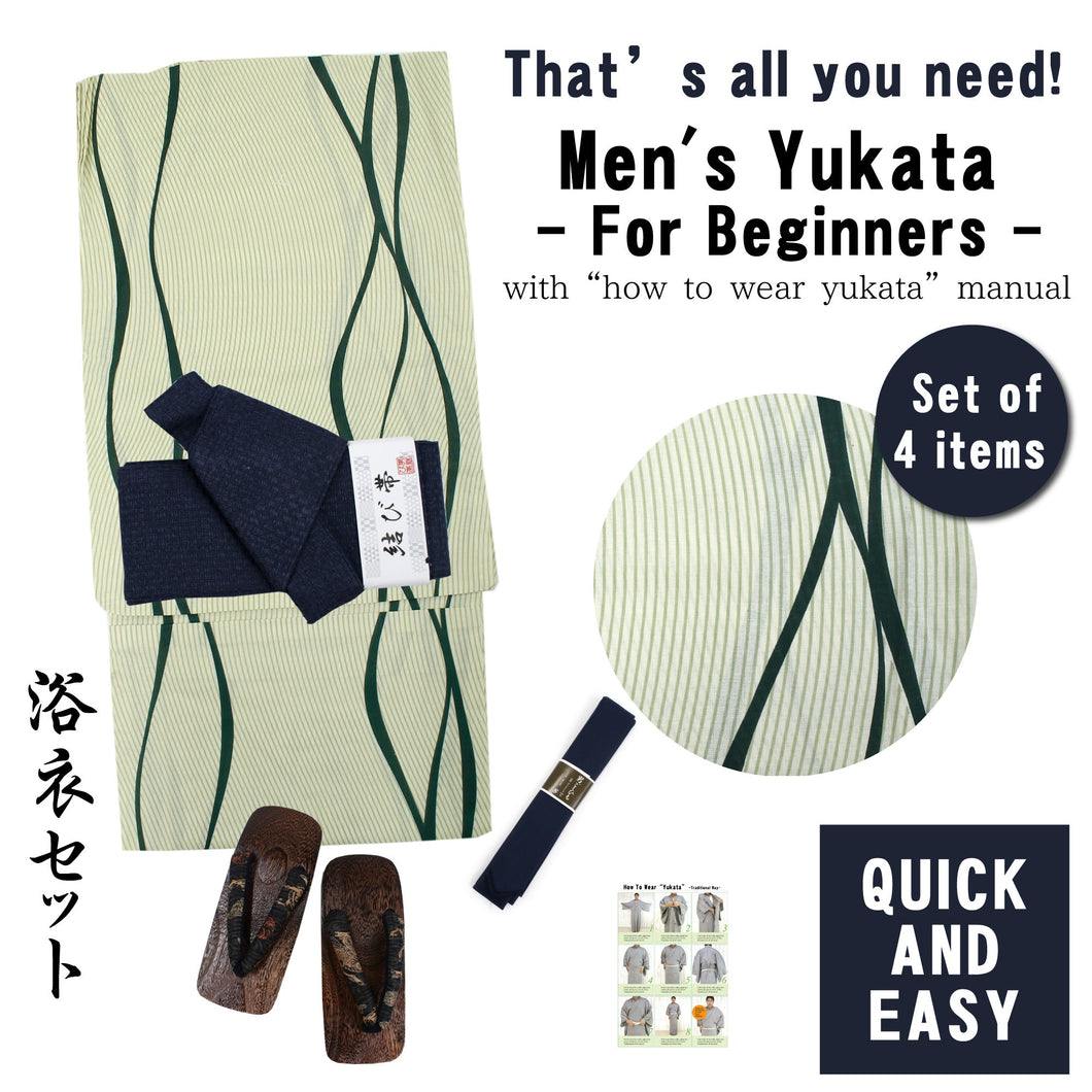 Men's Easy Yukata Coordinate Set of 4 Items For Beginners :Light Green/Green Curved Pattern