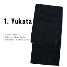 Load image into Gallery viewer, Men&#39;s Easy Yukata Coordinate Set of 4 Items For Beginners :Black/Gray Stripe
