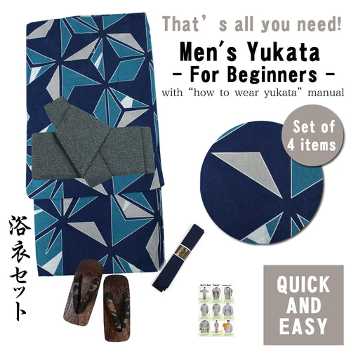 Men's Easy Yukata Coordinate Set of 4 Items For Beginners :Blue&Gray/Geometry Triangle