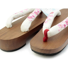 Load image into Gallery viewer, Women&#39;s Paulownia Geta(Japanese Sandals) for Japanese Traditional Kimono/Yukata: Brown Coating stand white cloth blossom embroidery Clog thong 23.0 - 24.5cm
