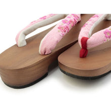 Load image into Gallery viewer, Women&#39;s Paulownia Geta(Japanese Sandals) for Japanese Traditional Kimono/Yukata: Brown Coating stand pink cloth blossom embroidery Clog thong 23.0 - 24.5cm
