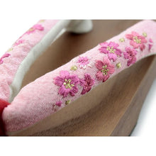 Load image into Gallery viewer, Women&#39;s Paulownia Geta(Japanese Sandals) for Japanese Traditional Kimono/Yukata: Brown Coating stand pink cloth blossom embroidery Clog thong 23.0 - 24.5cm
