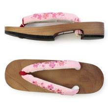 Load image into Gallery viewer, Women&#39;s Paulownia Geta(Japanese Sandals) for Japanese Traditional Kimono/Yukata: Brown Coating stand pink cloth blossom embroidery Clog thong 23.0 - 24.5cm
