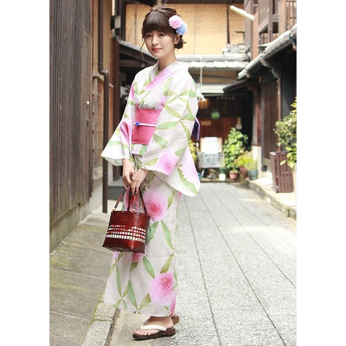 Ladies' Cotton Yukata : Japanese Traditional Clothes - Ivory Chrysanthemum 145-158cm