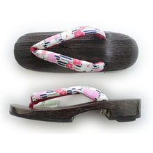 Load image into Gallery viewer, Women&#39;s Geta(Japanese Sandals) for Japanse Traditional Kimono/Yukata:: navy blue arrow feathers and cherry blossom strap, size LL
