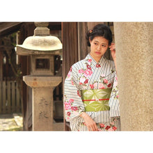 將圖片載入圖庫檢視器 Ladies&#39; Cotton Yukata : Japanese Traditional Clothes - White Stripe Camella anan
