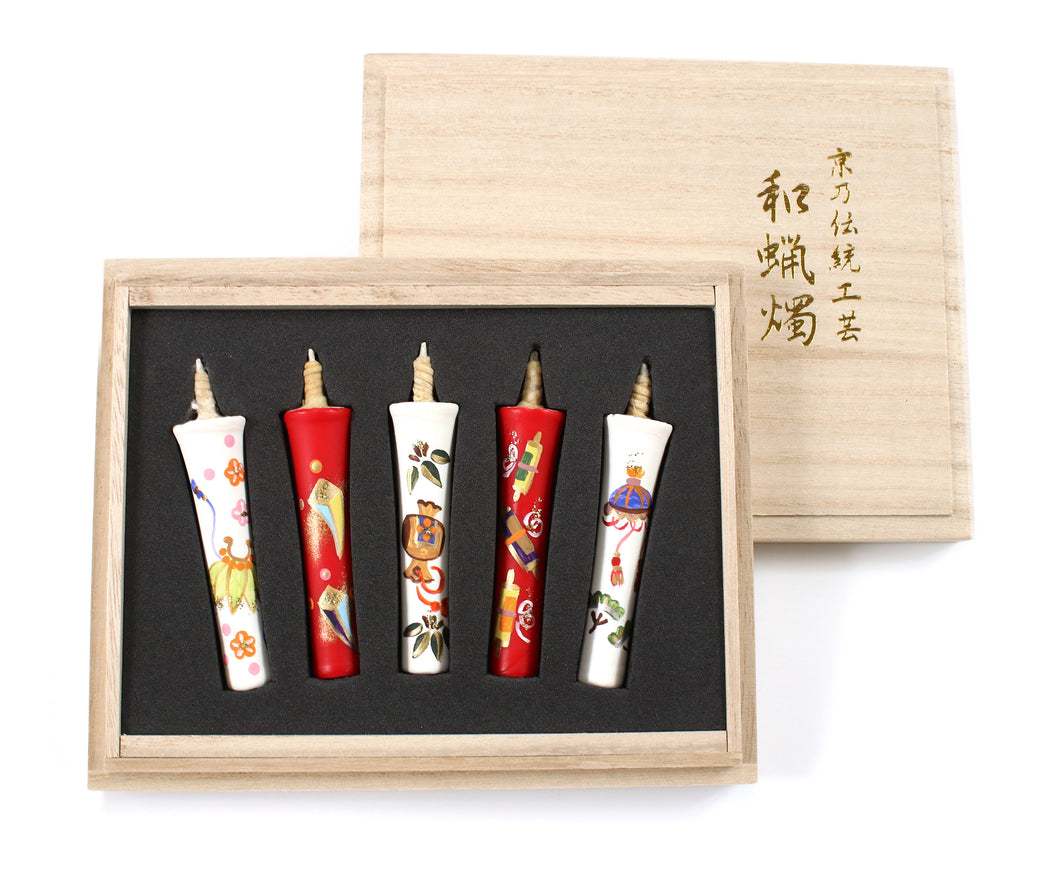  Japanese candle Ikari type Japanese treasures pattern two 2 monme 7.5 cm 5 patterns set hand-painted boxed