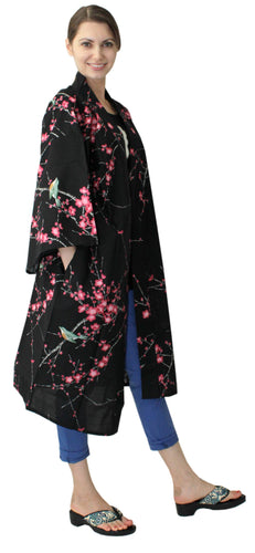 Women's Happi Coat: Kimono Robe - Plum & Bush Warbler Black