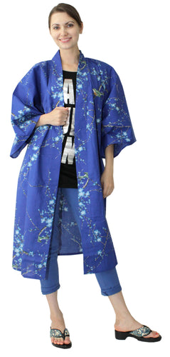 Women's Happi Coat: Kimono Robe - Plum & Bush Warbler Blue