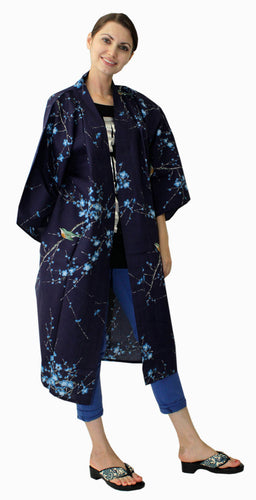 Women's Happi Coat: Kimono Robe - Plum & Bush Warbler Navy