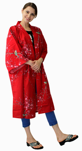 Women's Happi Coat: Kimono Robe - Plum & Bush Warbler Red