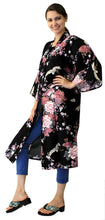 將圖片載入圖庫檢視器 Women&#39;s Happi Coat: Kimono Robe - Flying Crane &amp; Peony Black
