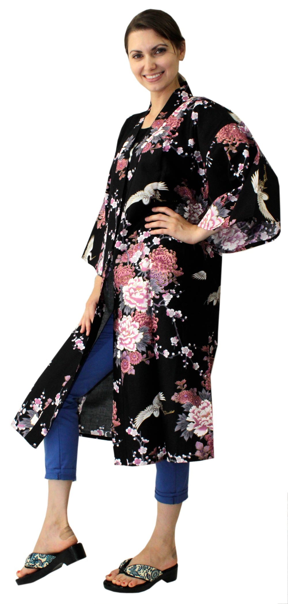 Women's Happi Coat: Kimono Robe - Flying Crane & Peony Black