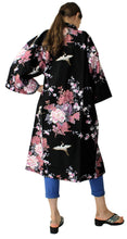 將圖片載入圖庫檢視器 Women&#39;s Happi Coat: Kimono Robe - Flying Crane &amp; Peony Black
