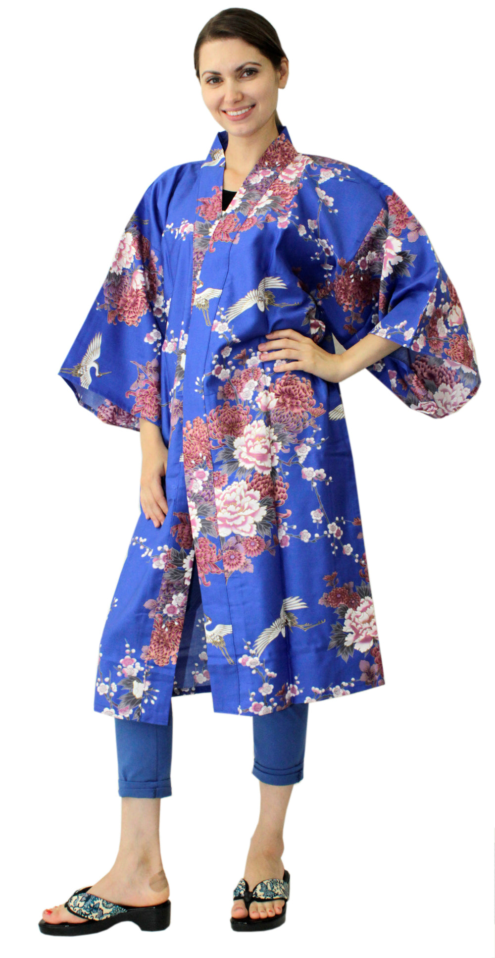Women's Happi Coat: Kimono Robe - Flying Crane & Peony Blue