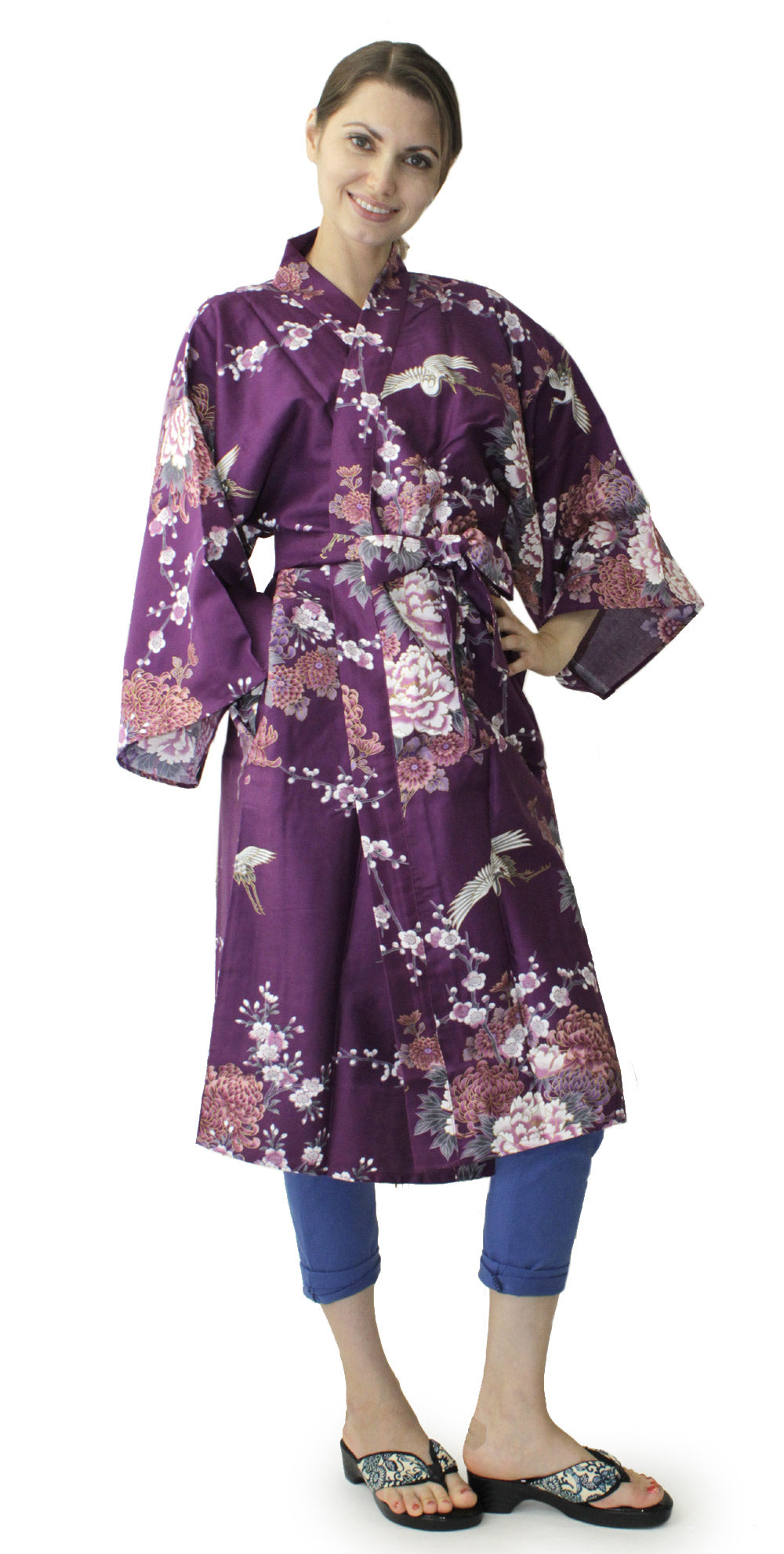 Women's Happi Coat: Kimono Robe - Flying Crane & Peony Purple