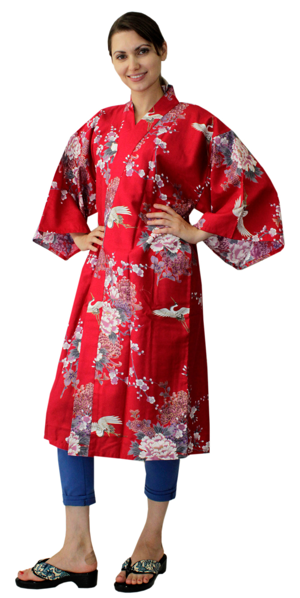 Women's Happi Coat: Kimono Robe - Flying Crane & Peony Red