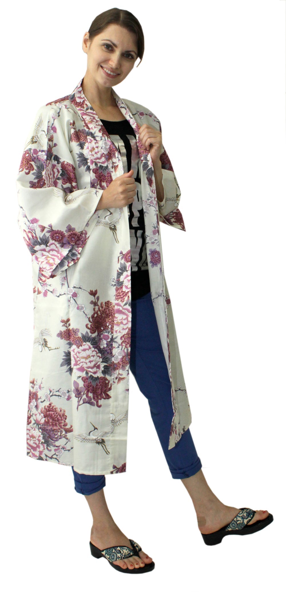 Women's Happi Coat: Kimono Robe - Flying Crane & Peony White