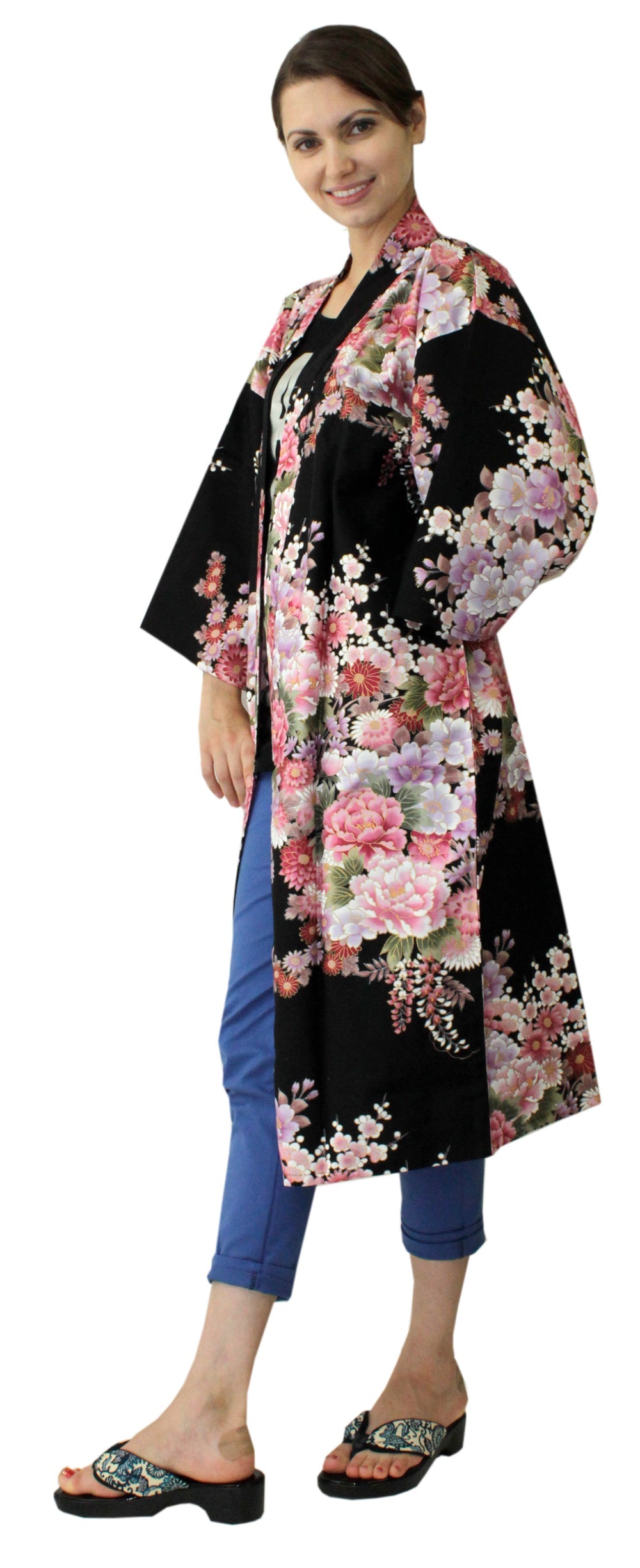 Women's Happi Coat: Kimono Robe - Flowers in Bloom Black
