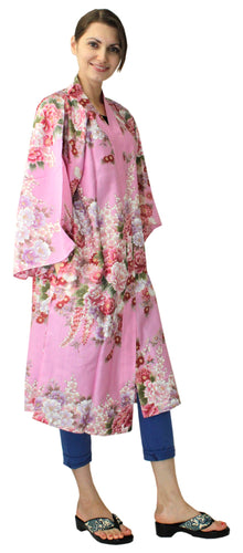 Women's Happi Coat: Kimono Robe - Flowers in Bloom Pink