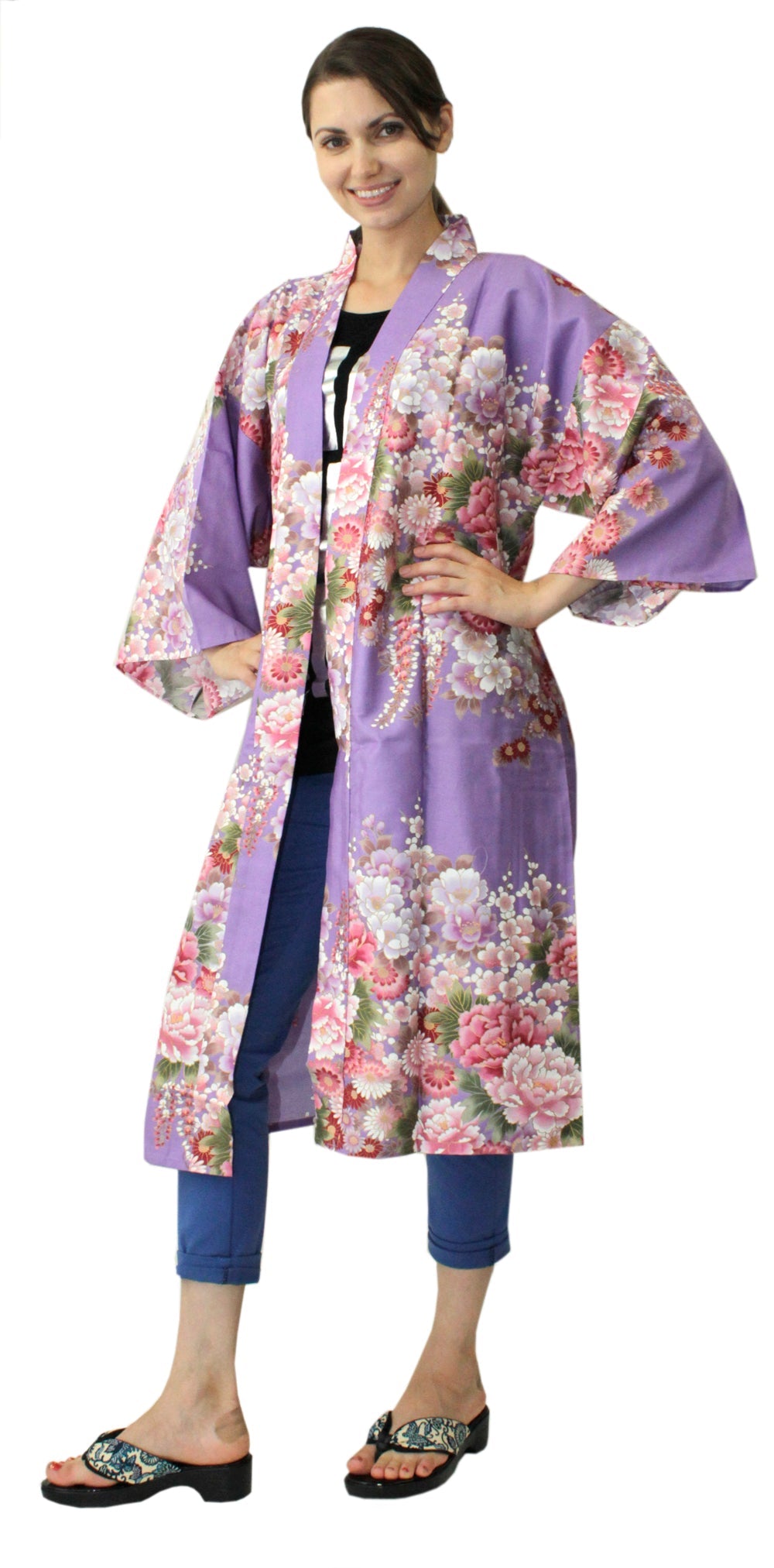 Women's Happi Coat: Kimono Robe - Flowers in Bloom Purple