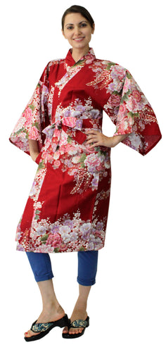 Women's Happi Coat: Kimono Robe - Flowers in Bloom Red