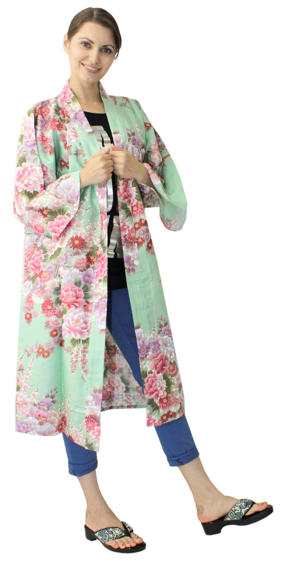 Women's Happi Coat: Kimono Robe - Flowers in Bloom Turquois