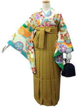 Load image into Gallery viewer, Women&#39;s Washable Two-Shaku-Sleeve Kimono : Japanese Traditional Clothes- Ivory x Orange Green Stripe Noshi Twisted Plum

