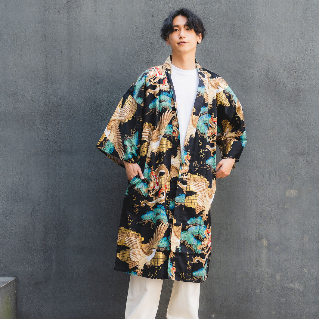 Men's Happi Coat: Kimono Robe - Dragon & Eagle BLACK