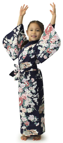 Girl's Easy Yukata / Kimono Robe : Japanese Traditional Clothes - Princess & Peony Navy